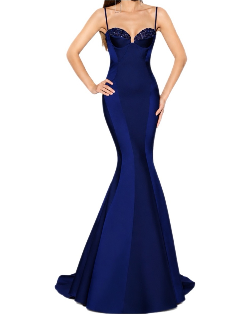 NWT Tarik Ediz Elegant Navy Blue Mermaid Gown with Beaded Bust & Low Back $1070